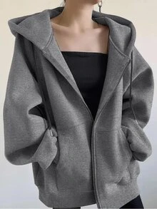 INAWLY Jaket Hoodie Longgar Kasual dengan Resleting untuk Wanita, Jaket Biasa untuk Musim Gugur dan Musim Dingin, Pakaian untuk Wanita - Dark Grey - View 1