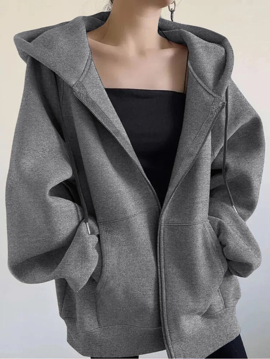 INAWLY Jaket Hoodie Longgar Kasual dengan Resleting untuk Wanita, Jaket Biasa untuk Musim Gugur dan Musim Dingin, Pakaian untuk Wanita - Dark Grey - View 1