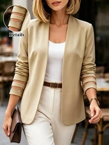 EMERY ROSE Jaket Blazer Wanita Ukuran Plus Musim Gugur Motif Jala Patchwork Kasual Serbaguna Elegan Canggih untuk Kantor Bisnis Rumah Santai Warna Beige - Khaki - View 7