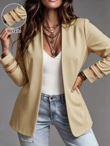 EMERY ROSE Jaket Blazer Wanita Ukuran Plus Musim Gugur Motif Jala Patchwork Kasual Serbaguna Elegan Canggih untuk Kantor Bisnis Rumah Santai Warna Beige - Khaki - View 2