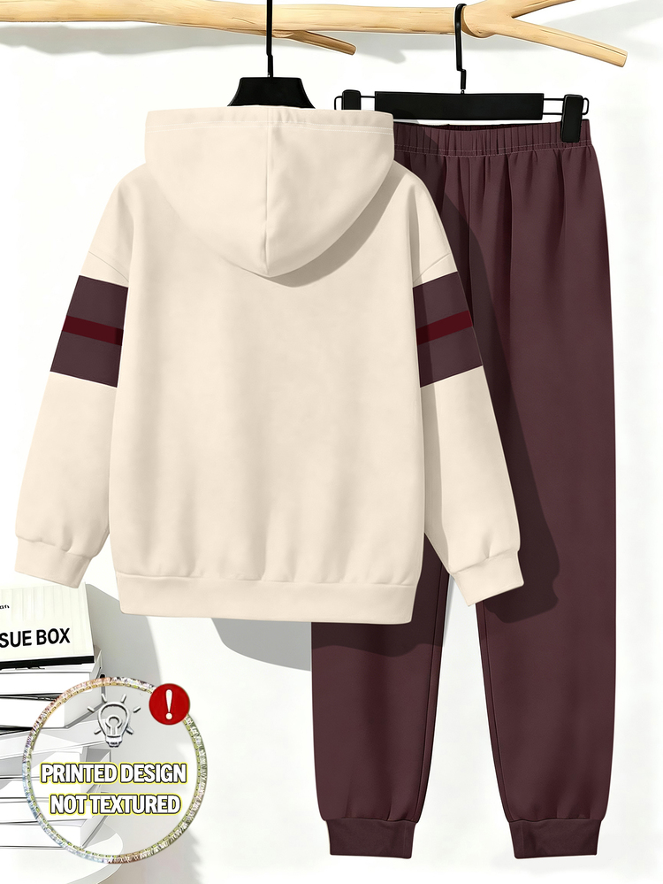 2pcs Tween Boys Sweatshirt Set Streetwear Graphic Brown Beige Star Print Long Sleeve Hooded Oversized Autumn Back To School School Casual School - Multicolor - View 2