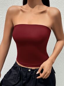 Sweetina Ladies' Knit Plain Strapless Top - Burgundy - View 3