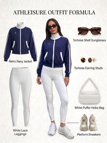 Fluxe Women Color Block Zip Up Jacket Stand Collar Smooth Air Layer Fabric Gym Sweatshirt Retro Workout Fitness Sportswear Winter Activewear - Navy Blue - View 5