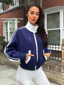 Fluxe Women Color Block Zip Up Jacket Stand Collar Smooth Air Layer Fabric Gym Sweatshirt Retro Workout Fitness Sportswear Winter Activewear - Navy Blue - View 11