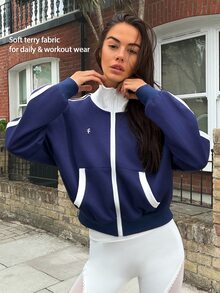 Fluxe Women Color Block Zip Up Jacket Stand Collar Smooth Air Layer Fabric Gym Sweatshirt Retro Workout Fitness Sportswear Winter Activewear - Navy Blue - View 12