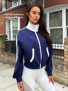 Fluxe Women Color Block Zip Up Jacket Stand Collar Smooth Air Layer Fabric Gym Sweatshirt Retro Workout Fitness Sportswear Winter Activewear - Navy Blue - View 10