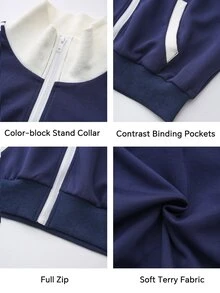 Fluxe Women Color Block Zip Up Jacket Stand Collar Smooth Air Layer Fabric Gym Sweatshirt Retro Workout Fitness Sportswear Winter Activewear - Navy Blue - View 6