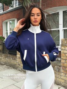Fluxe Women Color Block Zip Up Jacket Stand Collar Smooth Air Layer Fabric Gym Sweatshirt Retro Workout Fitness Sportswear Winter Activewear - Navy Blue - View 8