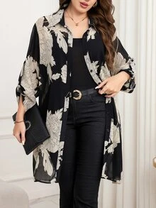 Reflora Plus Size Elegant Floral Print Sheer Front Button Shirt,Black,Summer,Dinner Vacation, Tops Kimono Cover Up Long Blouses Oversized Kimonos For Woman - Black - View 5