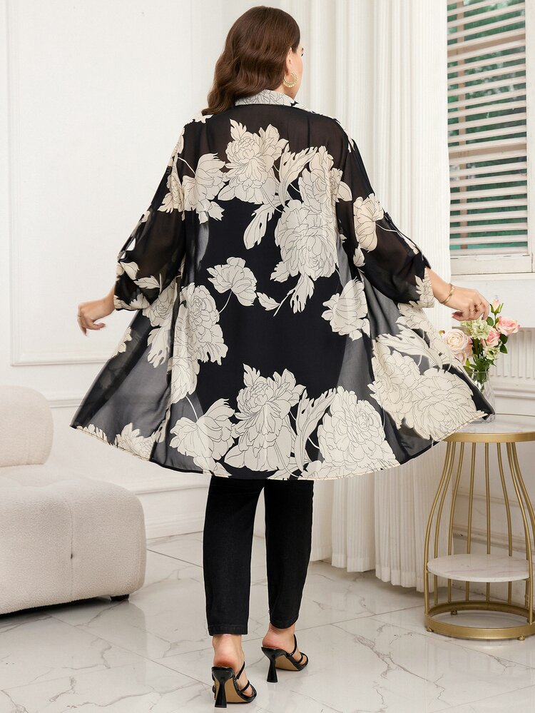 Reflora Plus Size Elegant Floral Print Sheer Front Button Shirt,Black,Summer,Dinner Vacation, Tops Kimono Cover Up Long Blouses Oversized Kimonos For Woman - Black - View 2