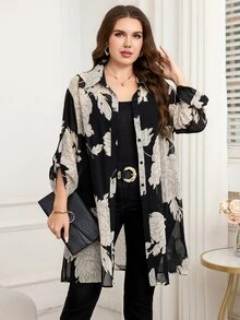 Reflora Plus Size Elegant Floral Print Sheer Front Button Shirt,Black,Summer,Dinner Vacation, Tops Kimono Cover Up Long Blouses Oversized Kimonos For Woman - Black - View 2