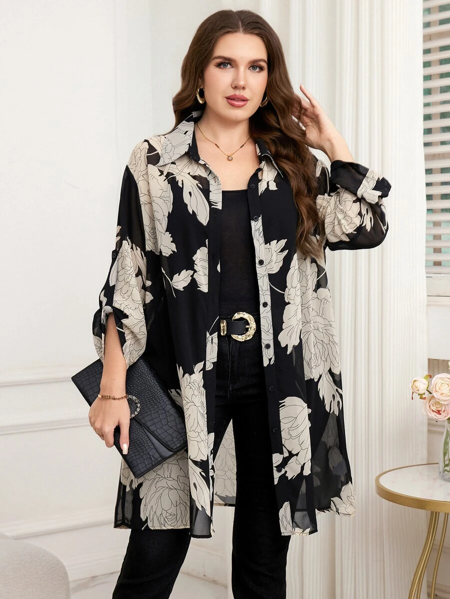 Reflora Plus Size Elegant Floral Print Sheer Front Button Shirt,Black,Summer,Dinner Vacation, Tops Kimono Cover Up Long Blouses Oversized Kimonos For Woman