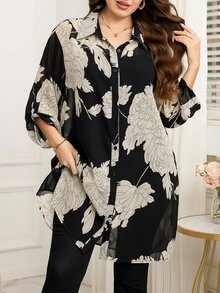 Reflora Plus Size Elegant Floral Print Sheer Front Button Shirt,Black,Summer,Dinner Vacation, Tops Kimono Cover Up Long Blouses Oversized Kimonos For Woman - Black - View 8