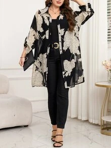 Reflora Plus Size Elegant Floral Print Sheer Front Button Shirt,Black,Summer,Dinner Vacation, Tops Kimono Cover Up Long Blouses Oversized Kimonos For Woman - Black - View 7