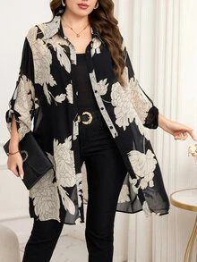 Reflora Plus Size Elegant Floral Print Sheer Front Button Shirt,Black,Summer,Dinner Vacation, Tops Kimono Cover Up Long Blouses Oversized Kimonos For Woman - Black - View 4