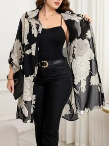 Reflora Plus Size Elegant Floral Print Sheer Front Button Shirt,Black,Summer,Dinner Vacation, Tops Kimono Cover Up Long Blouses Oversized Kimonos For Woman - Black - View 6