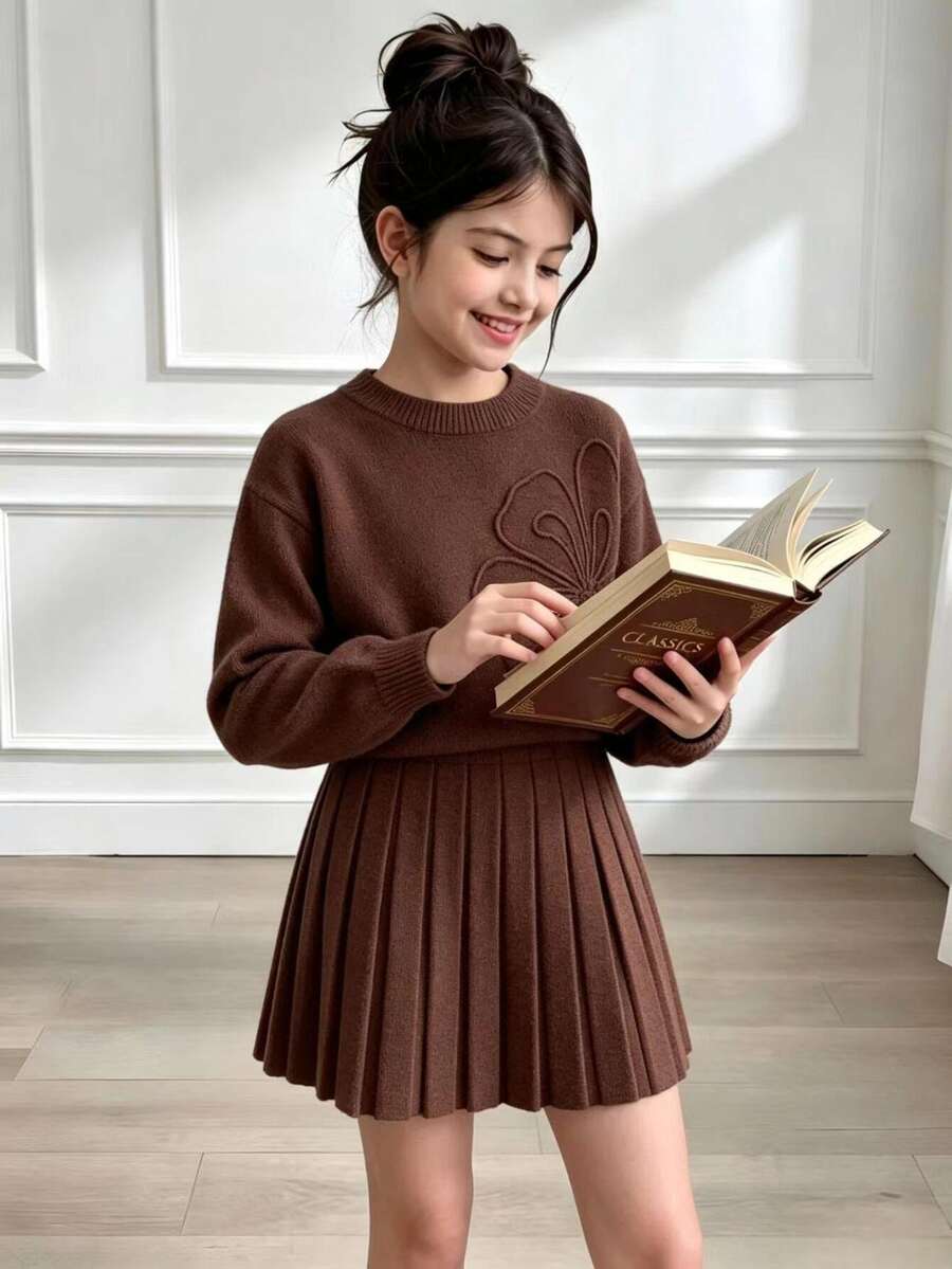SHEIN Tween Girls Sweater Co-Ords Brown Special Embroidery Round Neck Pullover With Pleated Skirt Knit Set Soft Comfortable Autumn Cute Casual School