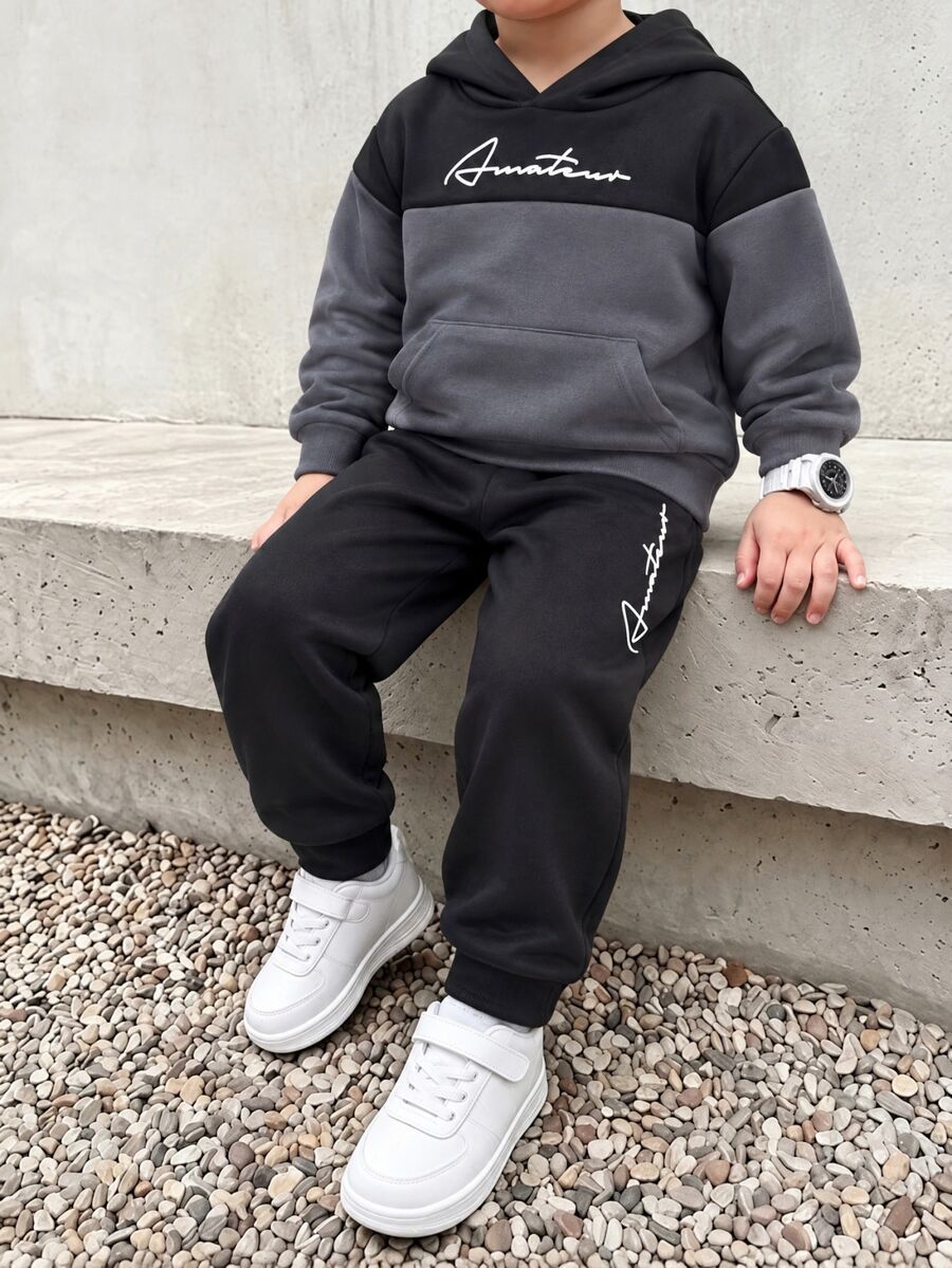 SHEIN Young Boys Casual Patchwork Kids Letter Print Loose Fit Sports Hoodie Sweatshirt 2 Pieces Set, Suitable For Autumn/Winter,S,Y2k,Holiday,Birthday Boy - Black - View 1