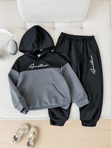 SHEIN 小男孩休閒極簡拼色拼接字母印花寬鬆運動連帽衛衣兩件套，適合秋冬 - 黑色 - 查看 4