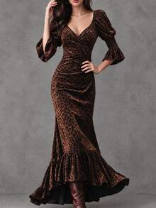 LUMIGAL Brown Flounce Sleeve Mermaid Hem Dress Dinner Party Autumn Sexy - Multicolor - View 3