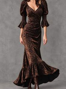 LUMIGAL Brown Flounce Sleeve Mermaid Hem Dress Dinner Party Autumn Sexy - Multicolor - View 1