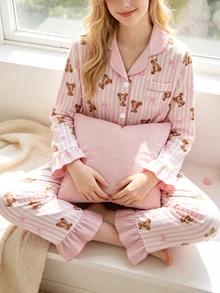 甜美風熊與條紋印花女款/青少年睡衣套裝，長袖開襟衫與長褲，休閒舒適居家服 - 彩色 - 查看 3