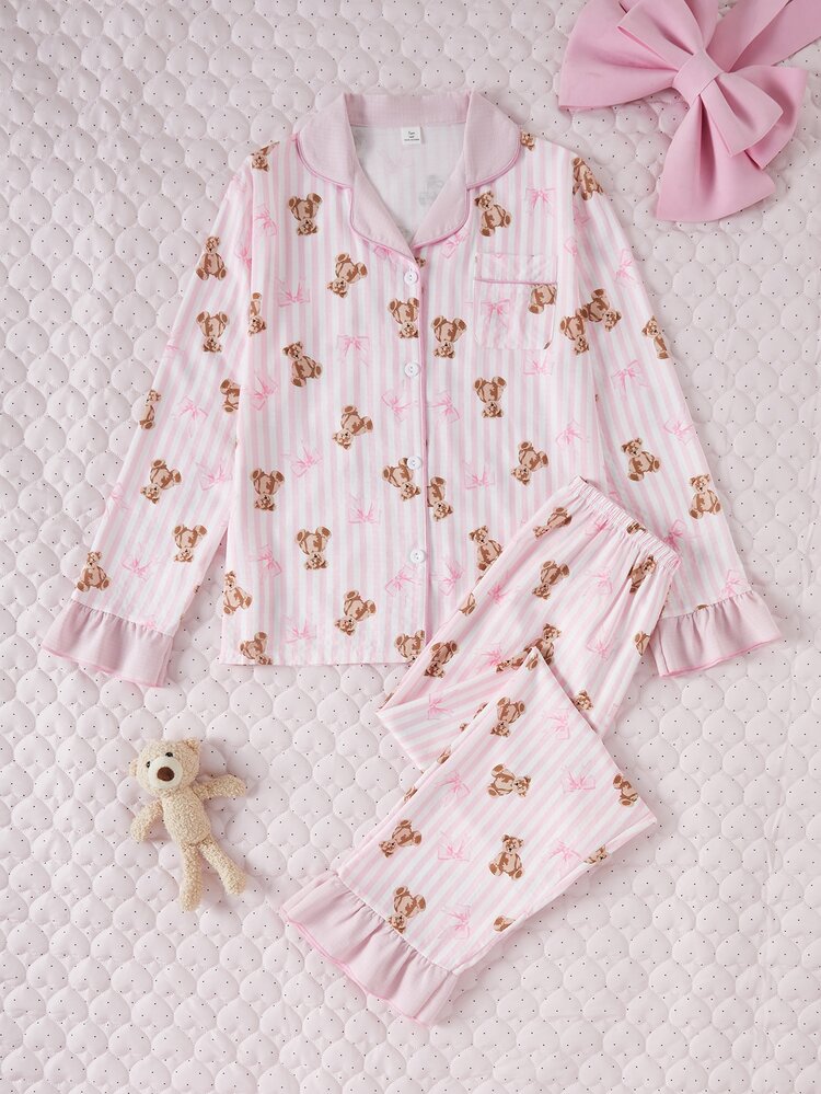 Sweet Style Bear And Stripe Print Women's/Teenager Pajama Set, Long Sleeve Cardigan And Pants, Casual Comfortable Loungewear - Multicolor - View 9