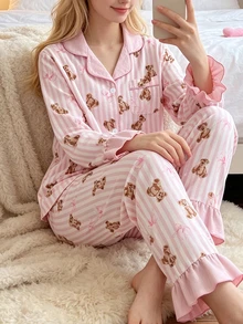 甜美風熊與條紋印花女款/青少年睡衣套裝，長袖開襟衫與長褲，休閒舒適居家服 - 彩色 - 查看 8