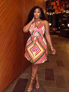 Veslaya 2025 Spring/Summer New Beach Resort Party Rainbow Colorblock Grid Print Front Pleated Tie Waist Short Dress Women Plus Size - Multicolor - View 1