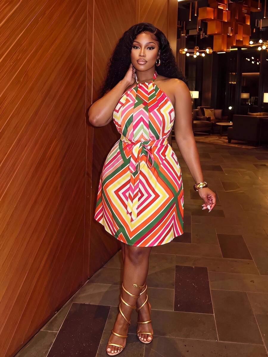 Veslaya 2025 Spring/Summer New Beach Resort Party Rainbow Colorblock Grid Print Front Pleated Tie Waist Short Dress Women Plus Size - Multicolor - View 1