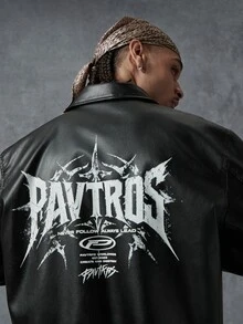 PAVTROS Men's Back Letter Graphic Zipper Long Sleeve PU Leather Jacket, Goth - Black - View 3