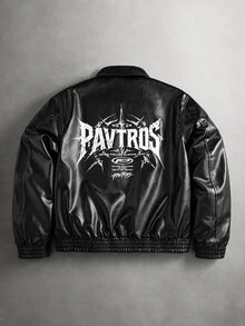 PAVTROS Men's Back Letter Graphic Zipper Long Sleeve PU Leather Jacket, Goth - Black - View 1