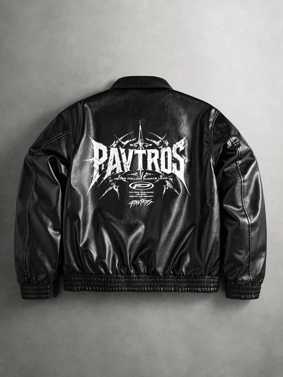 PAVTROS Men's Back Letter Graphic Zipper Long Sleeve PU Leather Jacket, Goth - Black - View 1