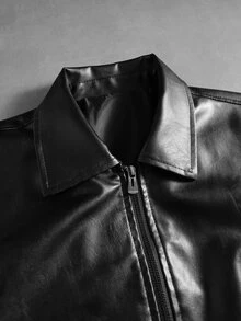 PAVTROS Men's Back Letter Graphic Zipper Long Sleeve PU Leather Jacket, Goth - Black - View 5