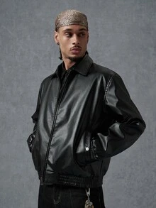 PAVTROS Men's Back Letter Graphic Zipper Long Sleeve PU Leather Jacket, Goth - Black - View 7