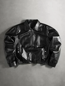 PAVTROS Men's Back Letter Graphic Zipper Long Sleeve PU Leather Jacket, Goth - Black - View 2