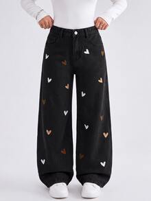 SHEIN Tween女孩牛仔褲 2026秋冬新款 女孩寬腿牛仔褲 可愛愛心刺繡 Y2K學院風街頭休閒復古 刺繡圖案 破洞設計 日常穿著 校園通勤 派對 返校季 聖誕雪花水洗 爆款刺繡 - 黑色 - 查看 4