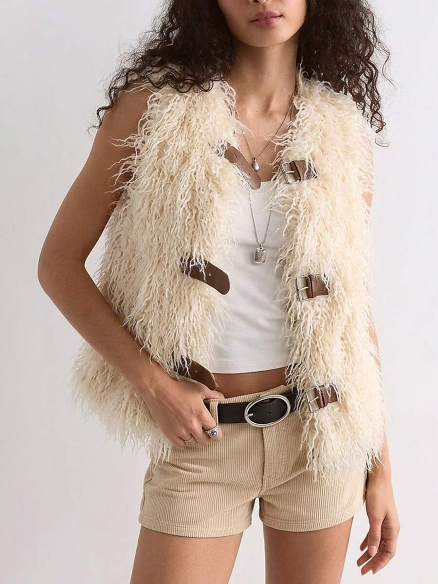 Bohemela Women's Solid Color Plush Fashion Versatile Vest Jacket - Apricot - View 1
