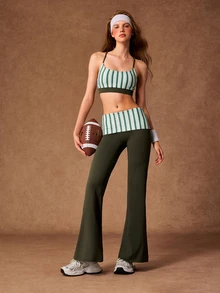 VARSIVA Women's Striped Cropped Camisole And Flare Pants Sports Set - Multicolor - View 10