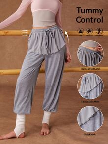 VARSIVA Women's Solid Color Waist Tie Patchwork Ruffle Hem Sports Pants - Grey - View 10