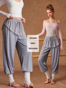 VARSIVA Women's Solid Color Waist Tie Patchwork Ruffle Hem Sports Pants - Grey - View 1