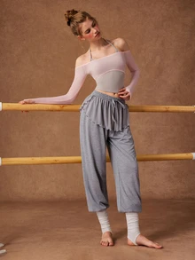 VARSIVA Women's Solid Color Waist Tie Patchwork Ruffle Hem Sports Pants - Grey - View 6
