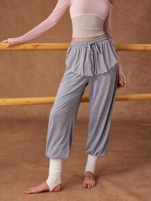 VARSIVA Women's Solid Color Waist Tie Patchwork Ruffle Hem Sports Pants - Grey - View 8