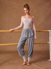 VARSIVA Women's Solid Color Waist Tie Patchwork Ruffle Hem Sports Pants - Grey - View 5