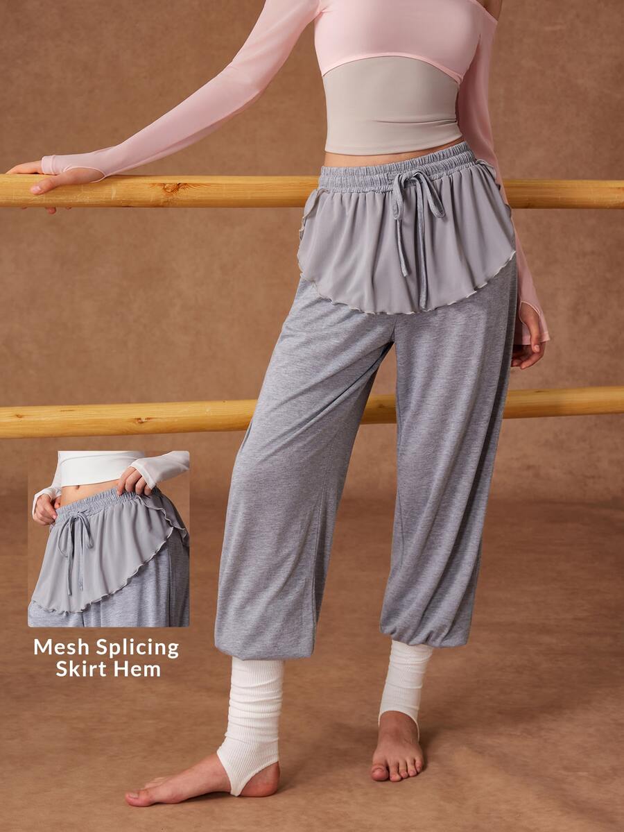 VARSIVA Women's Solid Color Waist Tie Patchwork Ruffle Hem Sports Pants - Grey - View 1