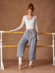 VARSIVA Women's Solid Color Waist Tie Patchwork Ruffle Hem Sports Pants - Grey - View 4