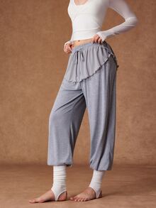 VARSIVA Women's Solid Color Waist Tie Patchwork Ruffle Hem Sports Pants - Grey - View 7