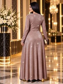 SHEIN Lady Plus Size Women's Shiny Pleated Elegant Waist-Cinched Party Dress - Brown - View 2