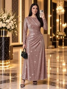 SHEIN Lady Plus Size Women's Shiny Pleated Elegant Waist-Cinched Party Dress - Brown - View 3