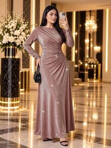 SHEIN Lady Plus Size Women's Shiny Pleated Elegant Waist-Cinched Party Dress - Brown - View 4